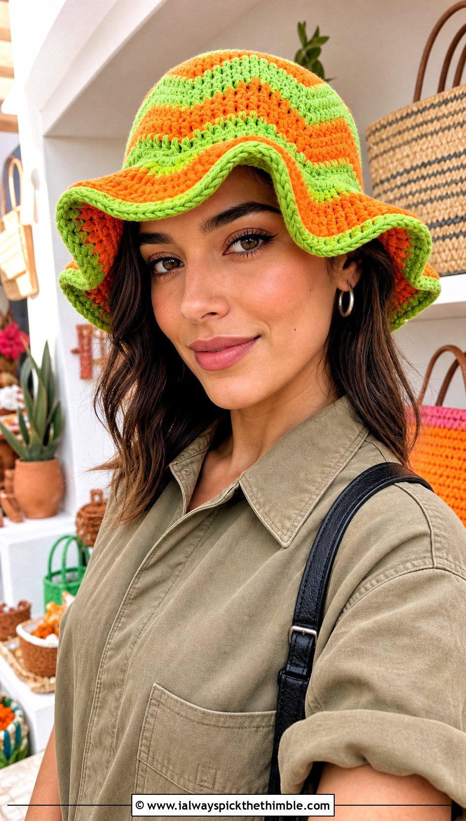 Zig Zag Crochet Ruffle Bucket Hat With Utility Jumpsuit - 15 Zig Zag Crochet Hat outfit ideas