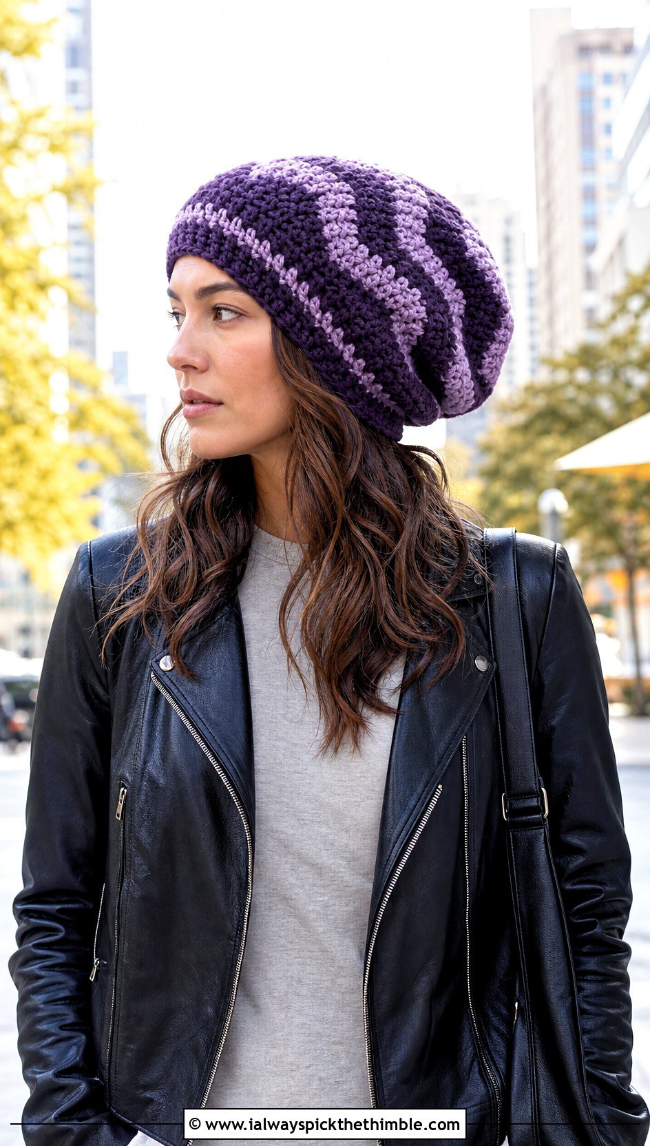 Zig Zag Crochet Slouchy Beanie With Leather Jacket - 15 Zig Zag Crochet Hat outfit ideas