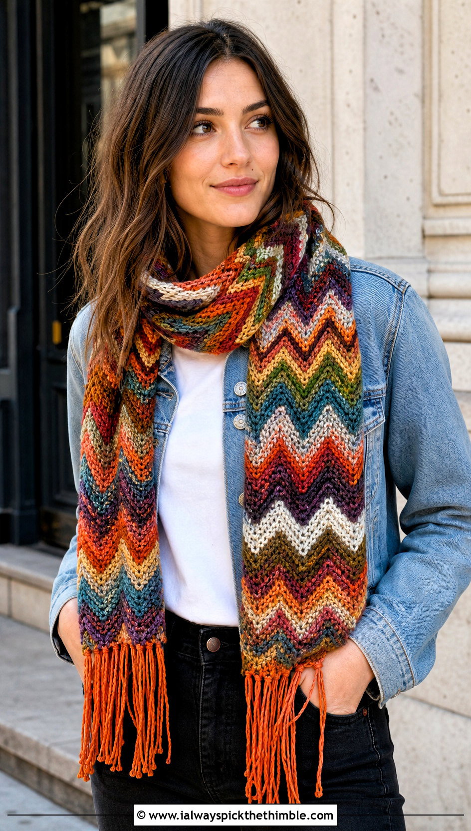 Zig Zag Pip Stitch Crayon Scarf With Denim Jacket - 15 Crochet Crayon Scarf outfit ideas