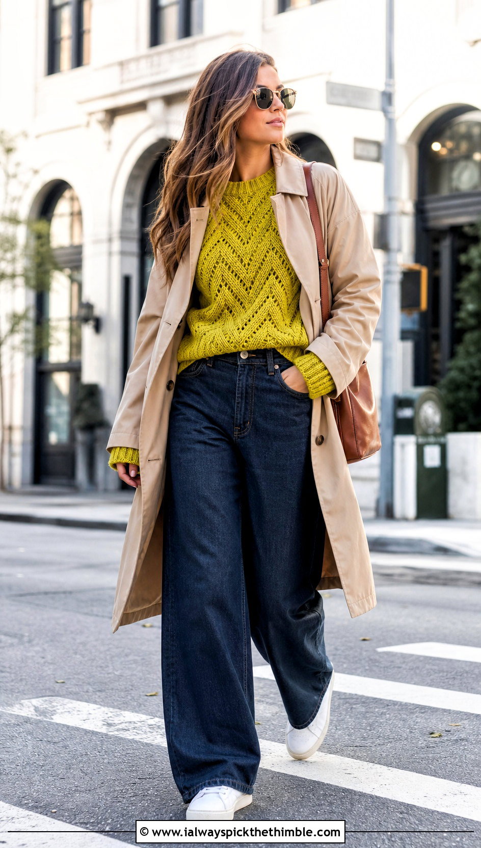Zigzag Cable Celtic Sweater With Trench Coat And Jeans - 15 Crochet Celtic Sweater outfit ideas