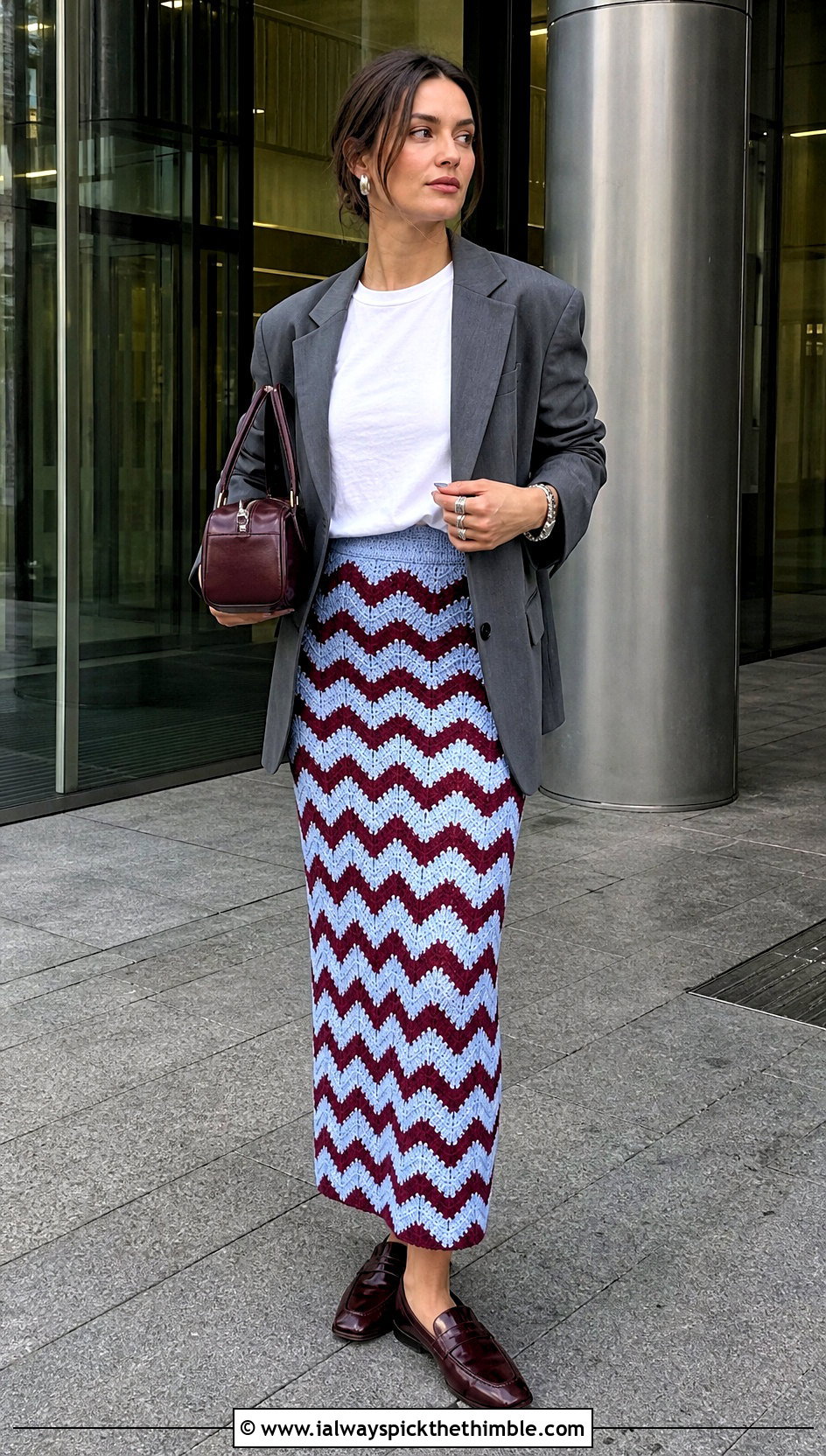 Zigzag Column Skirt With Oversized Blazer - 15 crochet zigzag skirt outfit ideas