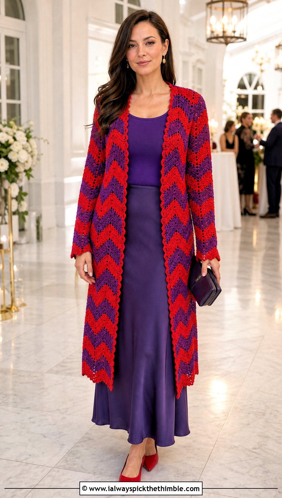 Zigzag Crochet Cardigan With Bias Cut Maxi Skirt - 20 two color crochet cardigan outfit ideas