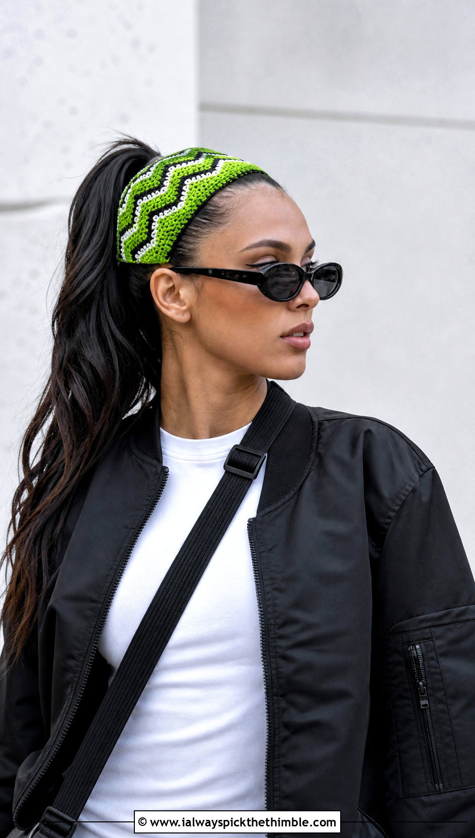 Zigzag Crochet Headband With Hair Tie And Bomber Jacket - 25 crochet headband with hair tie outfit ideas