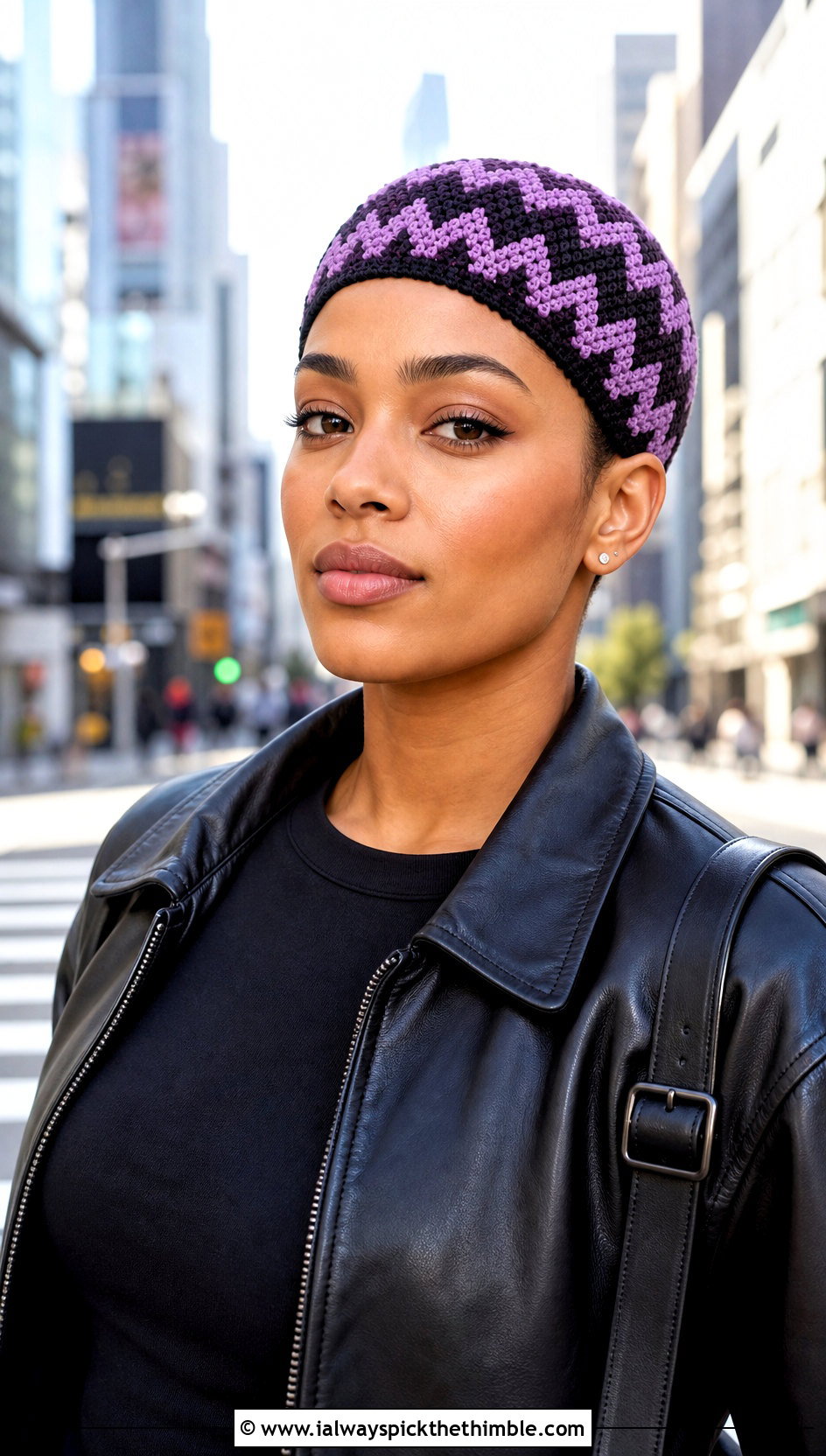 Zigzag Crochet Kufi Hat With Leather Jacket - 25 crochet kufi hat outfit ideas