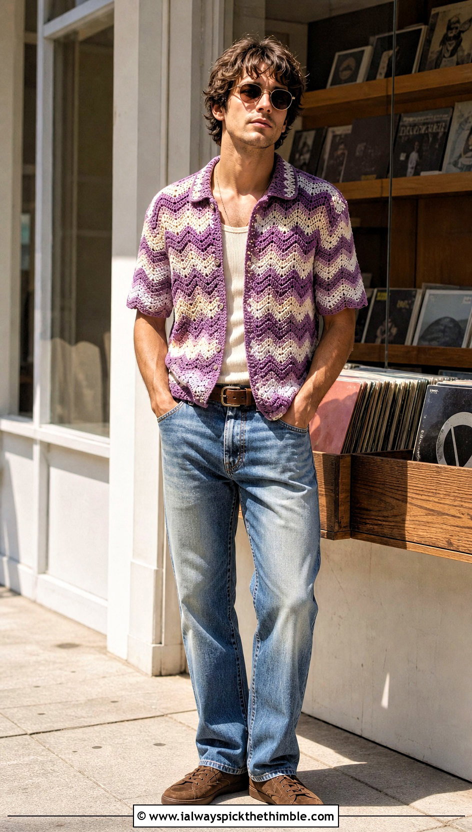 Zigzag Crochet Shirt With Faded Jeans - 25 men's crochet shirt outfit ideas