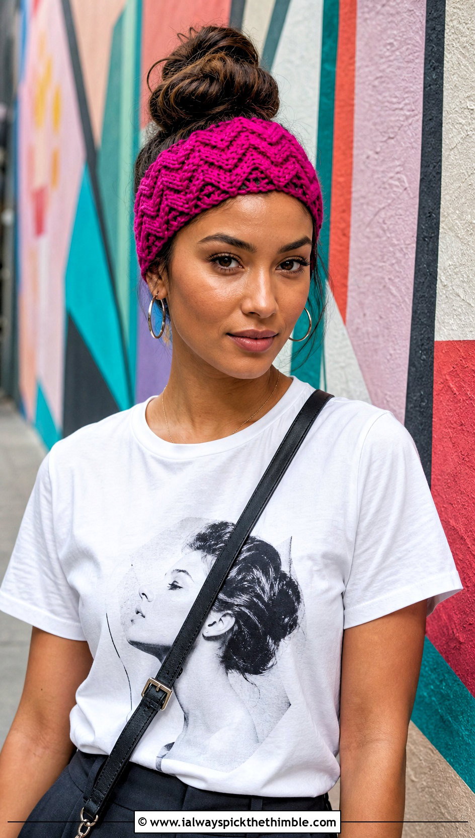 Zigzag Crochet Summer Headband With Graphic Tee And Trousers - 25 crochet summer headband outfit ideas