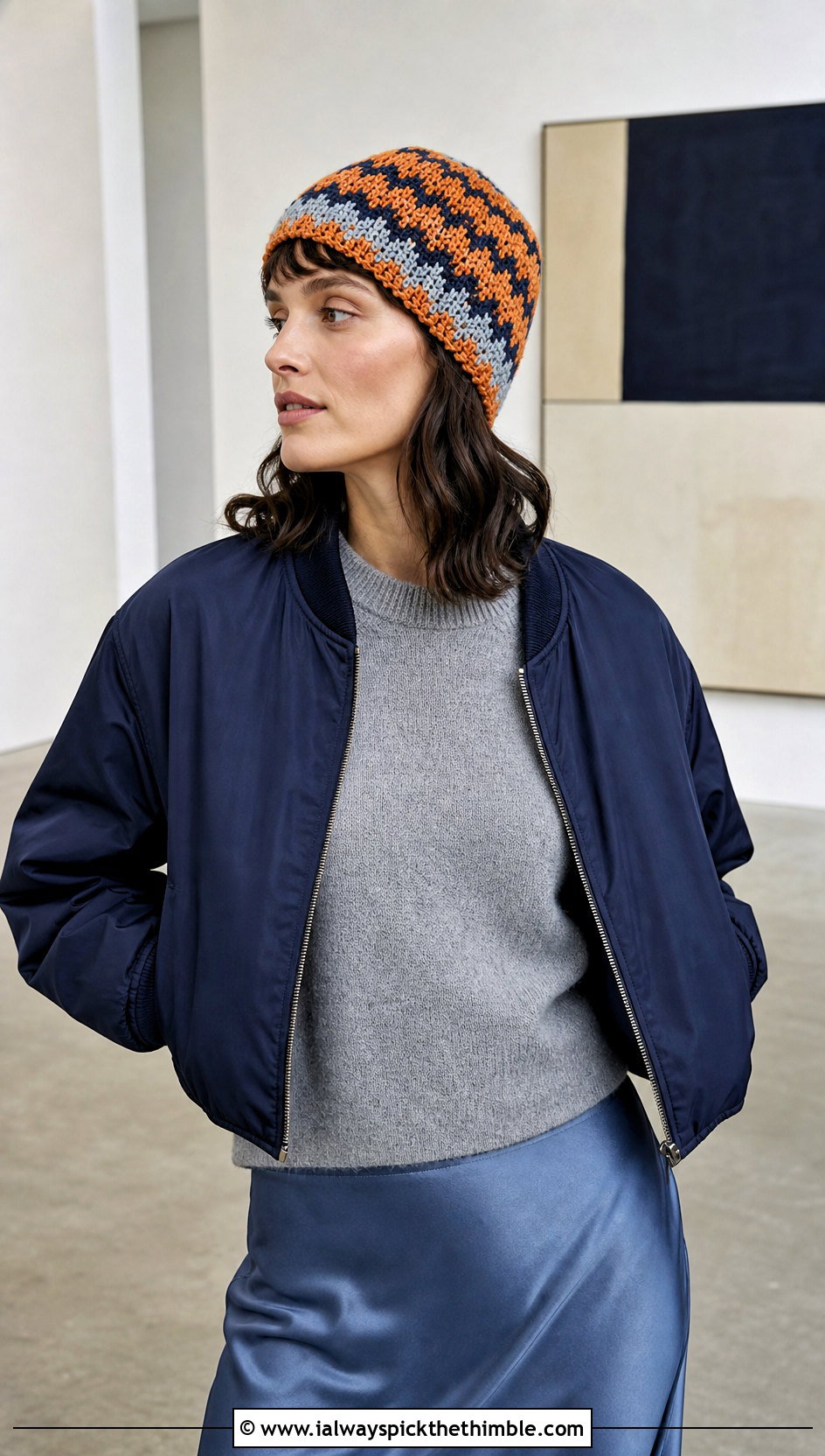 Zigzag Fair Isle Crochet Beanie With Satin Skirt - 20 Crochet Fair Isle Beanie outfit ideas