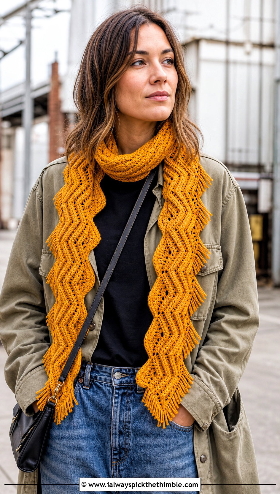 Zigzag Fringe Crochet Scarf With Utility Jacket and Barrel Jeans - 20 wavy crochet scarf outfit ideas