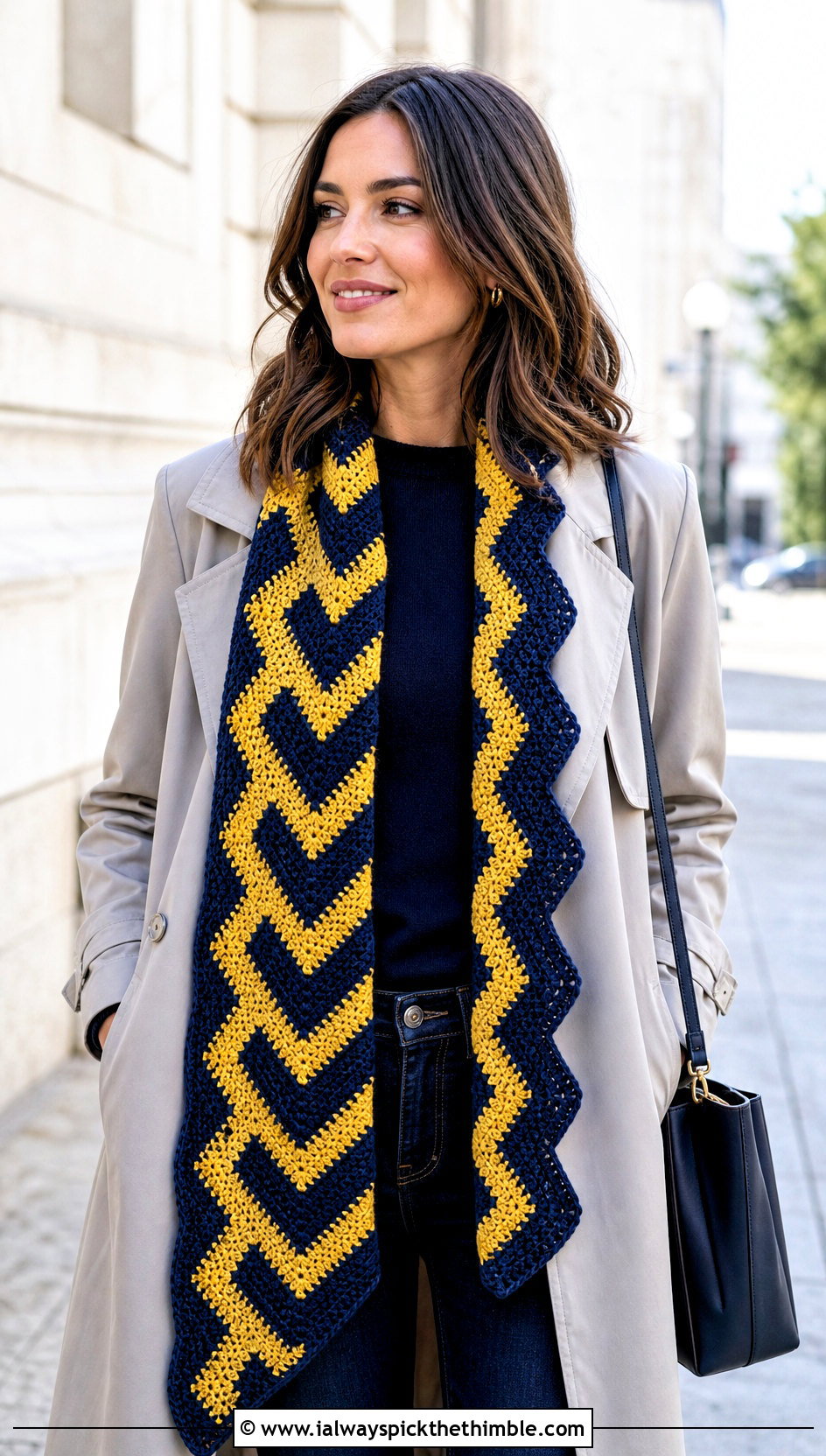Zigzag Inset Mosaic Crochet Scarf With Trench Coat - 20 Mosaic Crochet Scarf outfit ideas