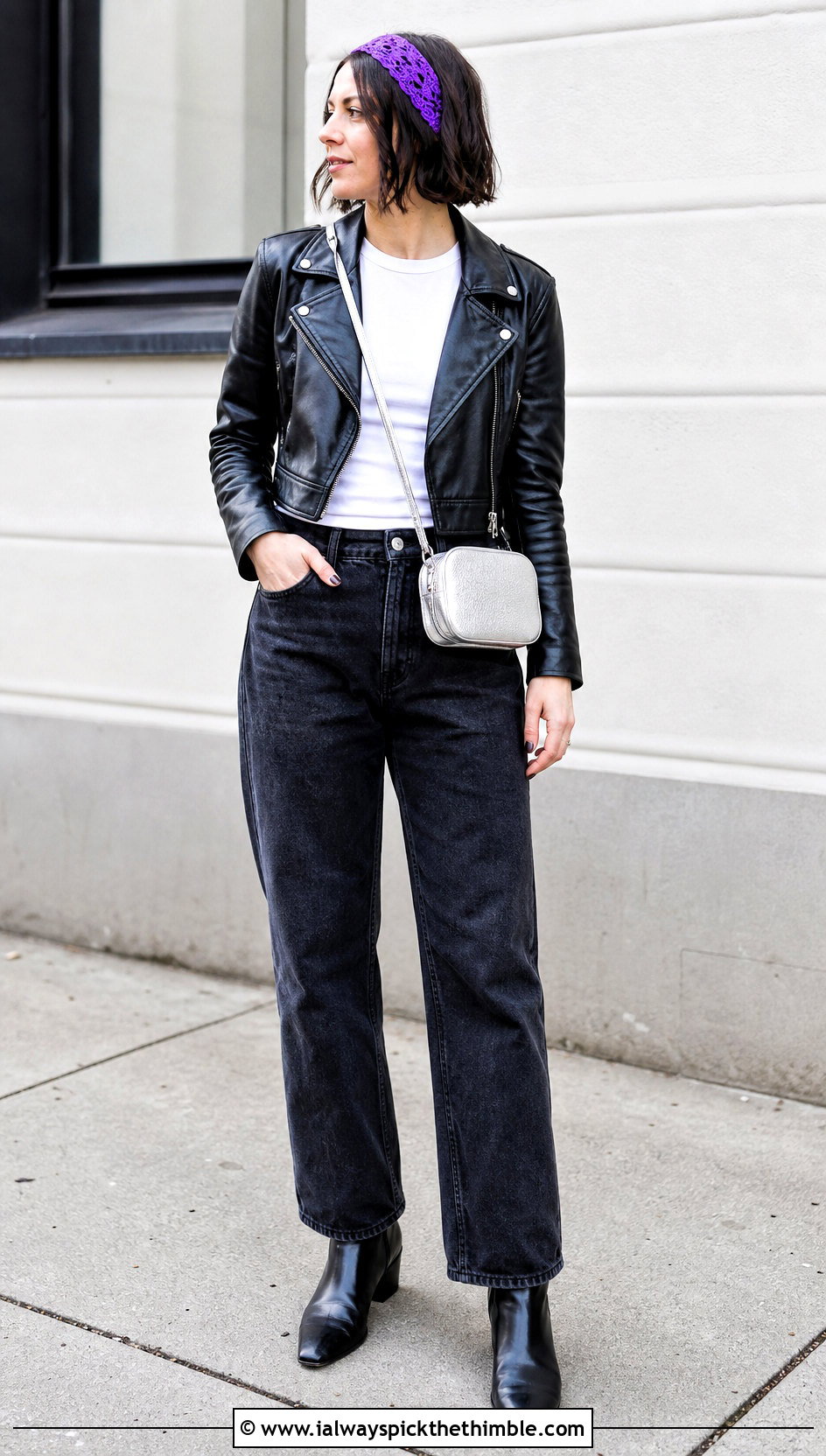 Zigzag Lace Crochet Headband With Leather Jacket And Jeans - 20 lace crochet headband outfit ideas