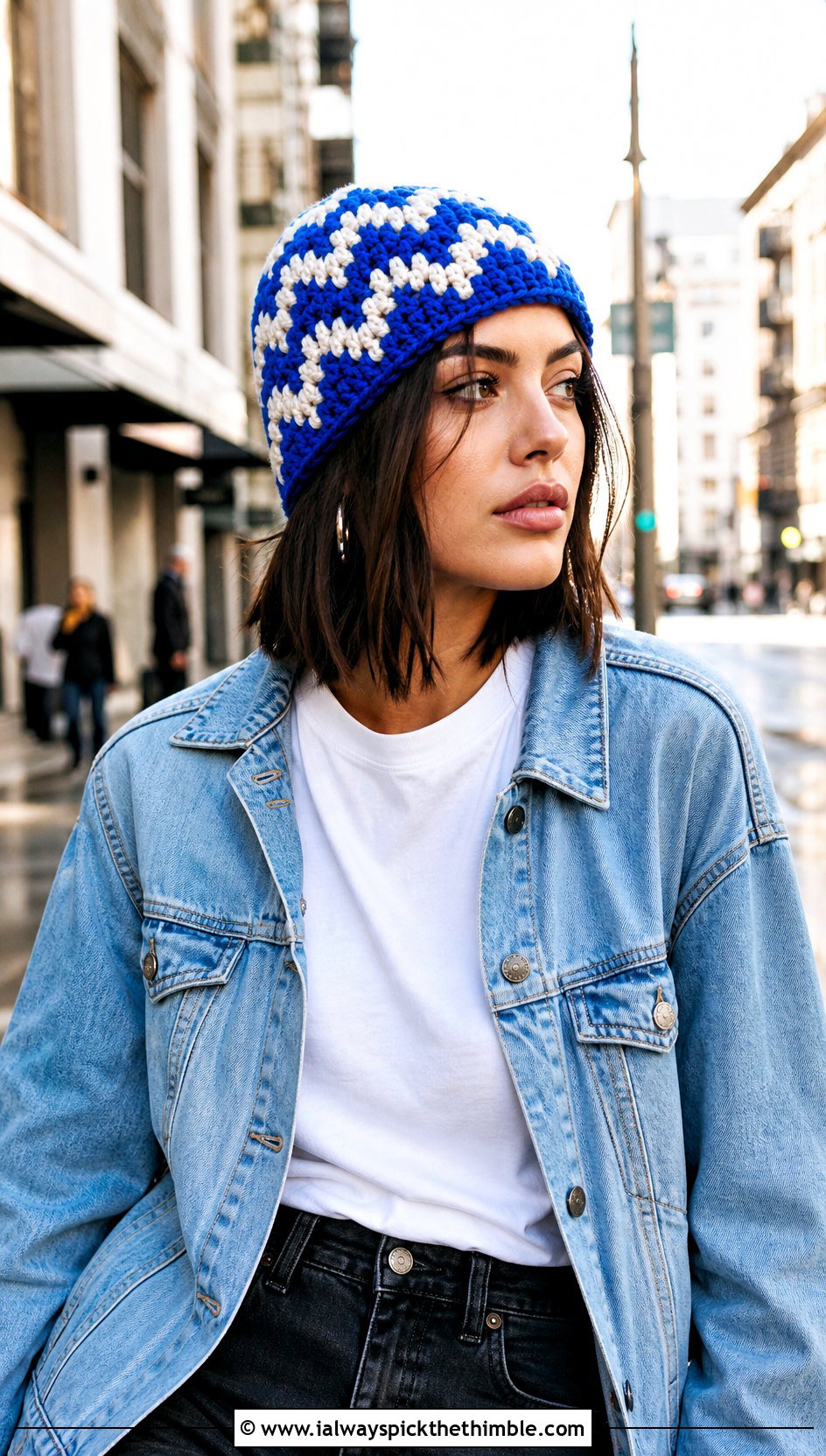 Zigzag Mosaic Crochet Beanie With Denim Jacket - 25 mosaic crochet hat outfit ideas