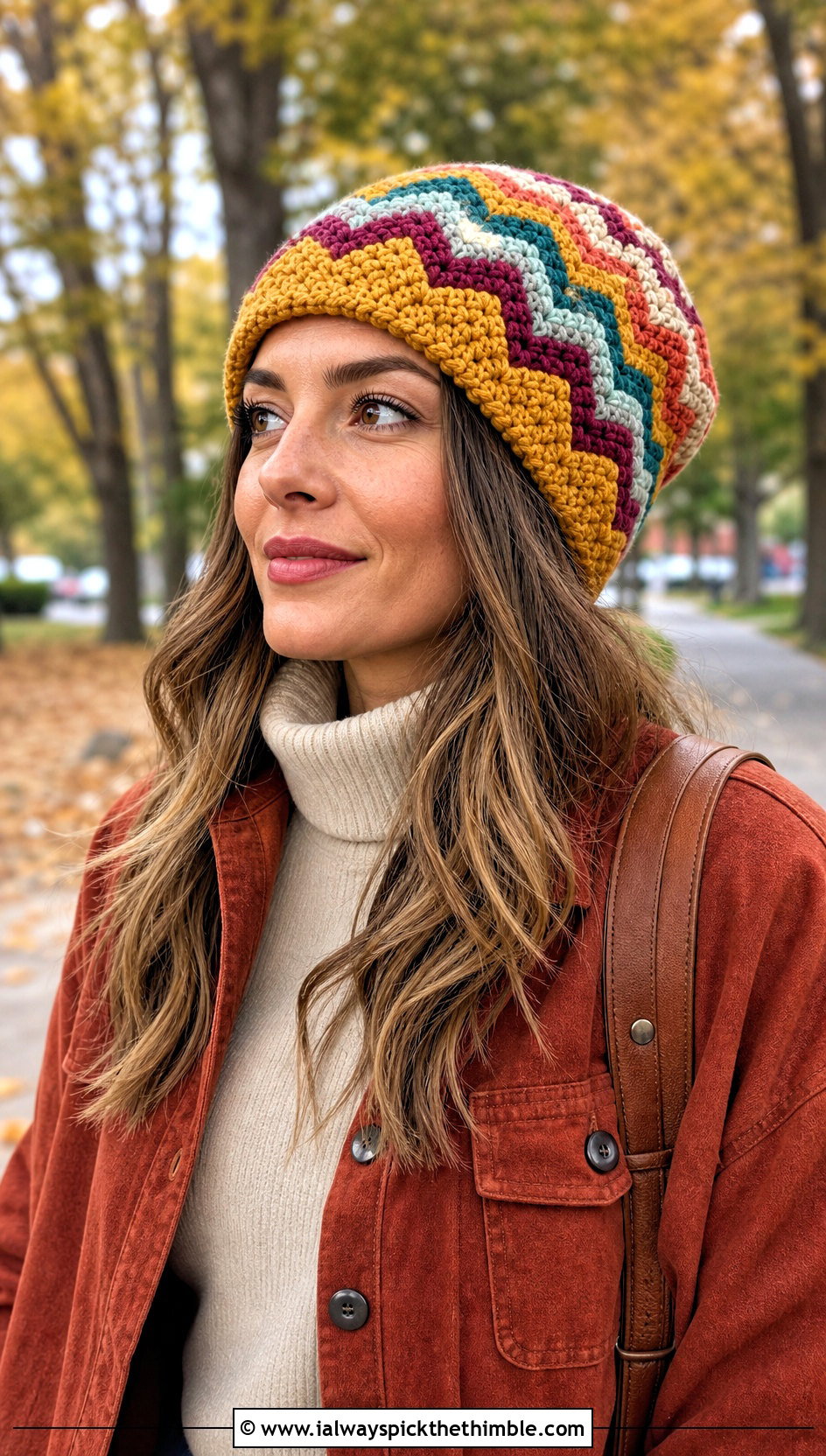 Zigzag Scrap Crochet Beanie With Shacket And Corduroy Pants - 25 crochet scrap beanie outfit ideas