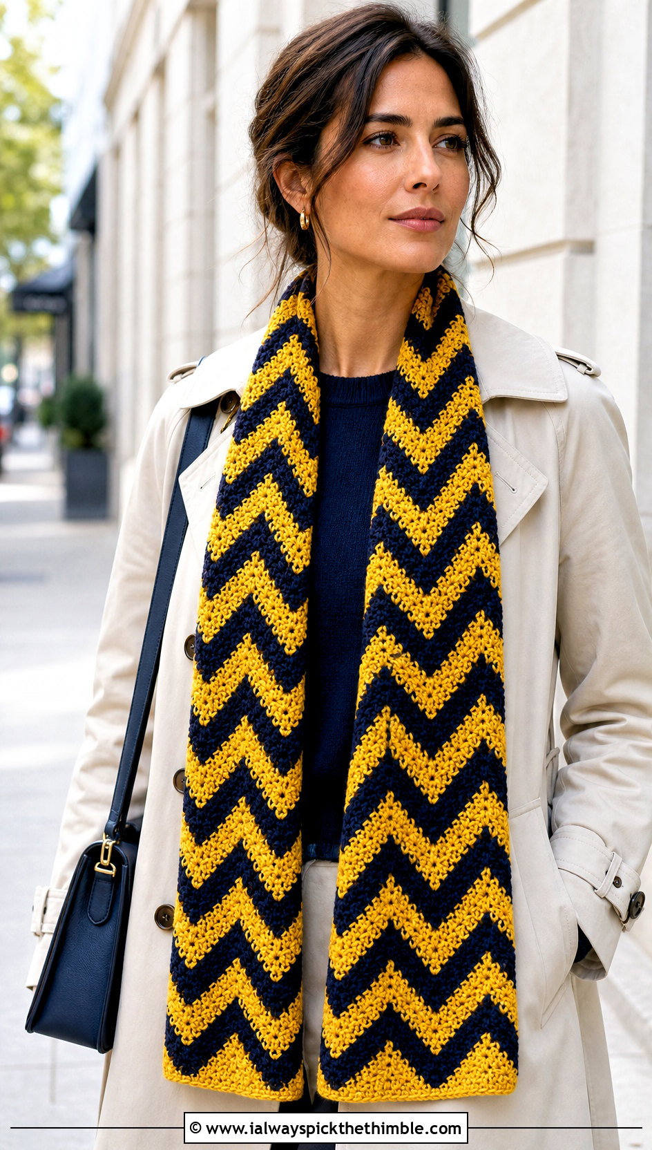 Zigzag Tapestry Crochet Scarf With Trench Coat - 25 tapestry crochet scarf outfit ideas