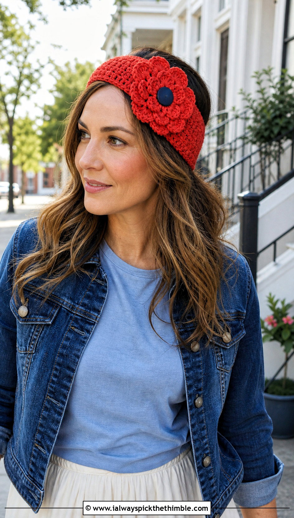 Zinnia Button Crochet Headband With Denim Jacket - 25 flower crochet headband outfit ideas