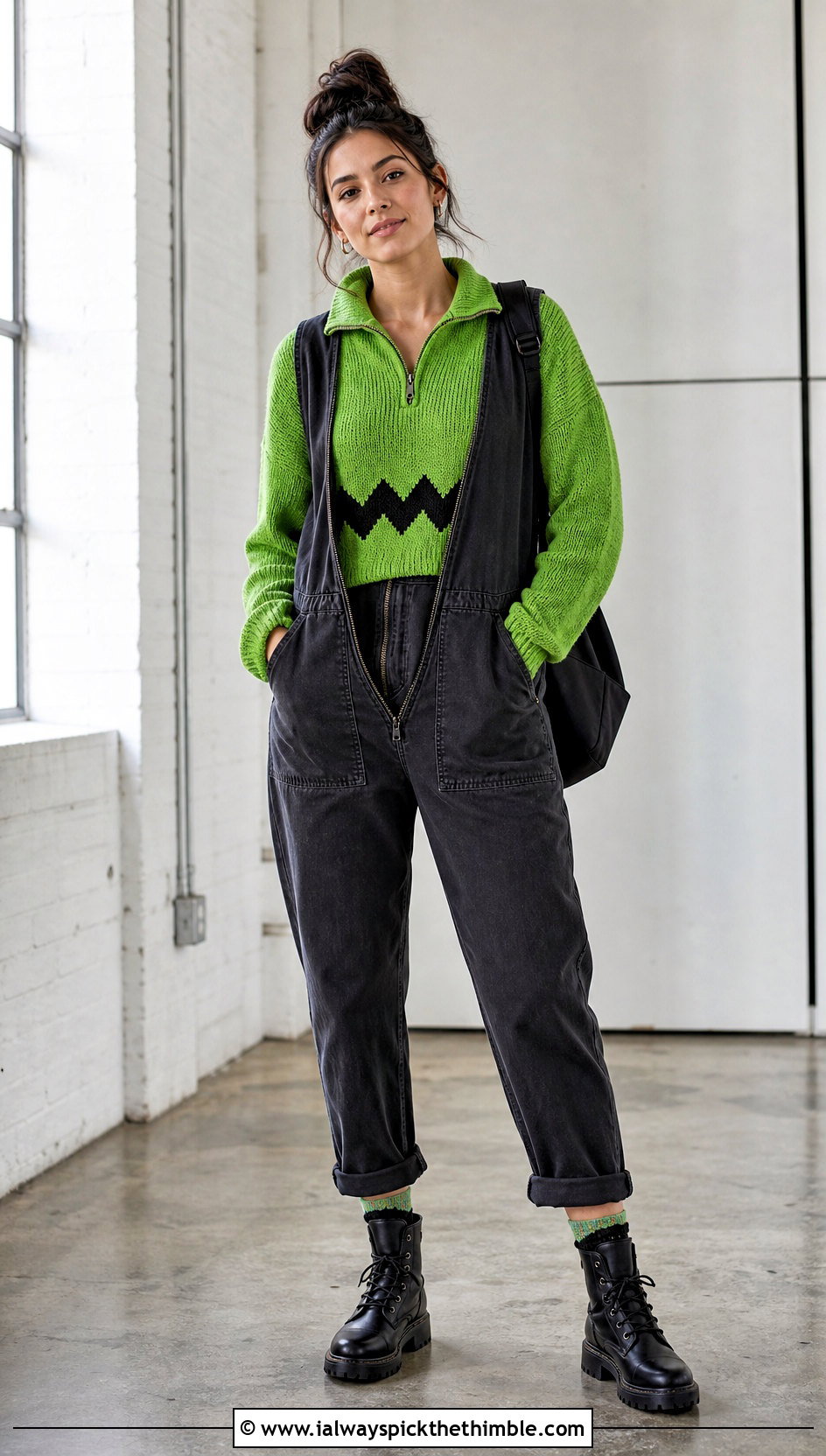 Zip Collar Crochet Charlie Brown Sweater With Utility Jumpsuit - 15 Crochet Charlie Brown Sweater outfit ideas