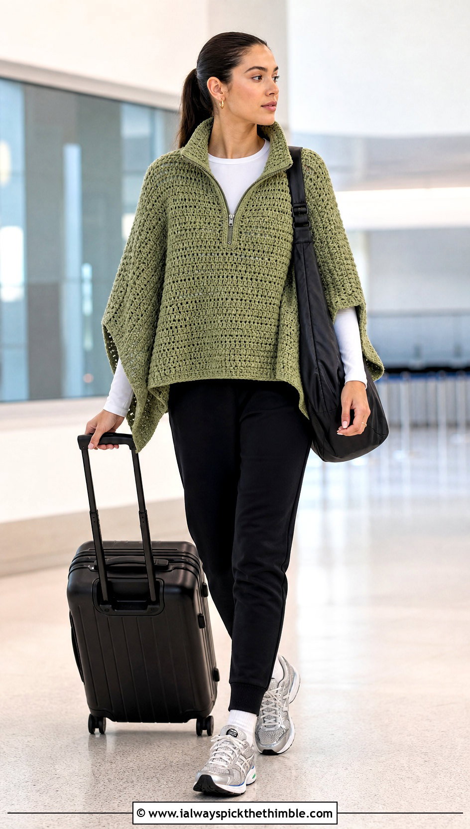 Zip Collar Crochet Poncho With Track Pants - 20 Crochet Poncho With Collar outfit ideas
