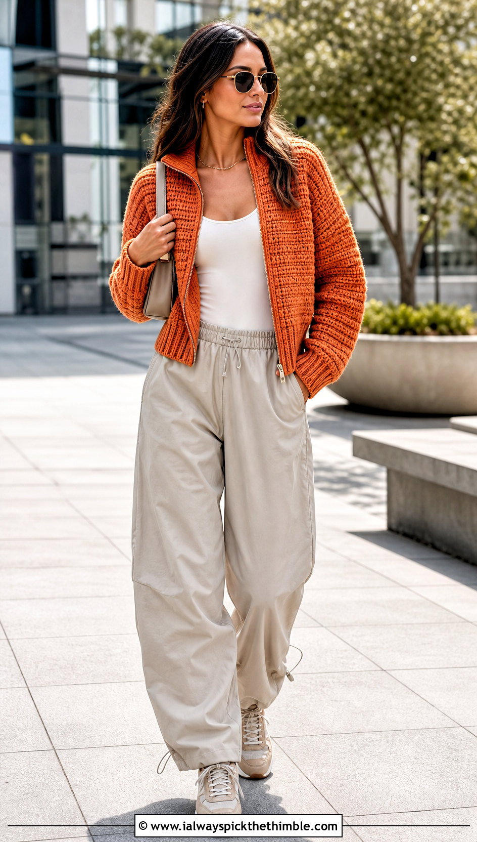 Zip Front Alpine Stitch Crochet Cardigan With Parachute Pants - 20 Alpine Stitch Crochet Cardigan outfit ideas