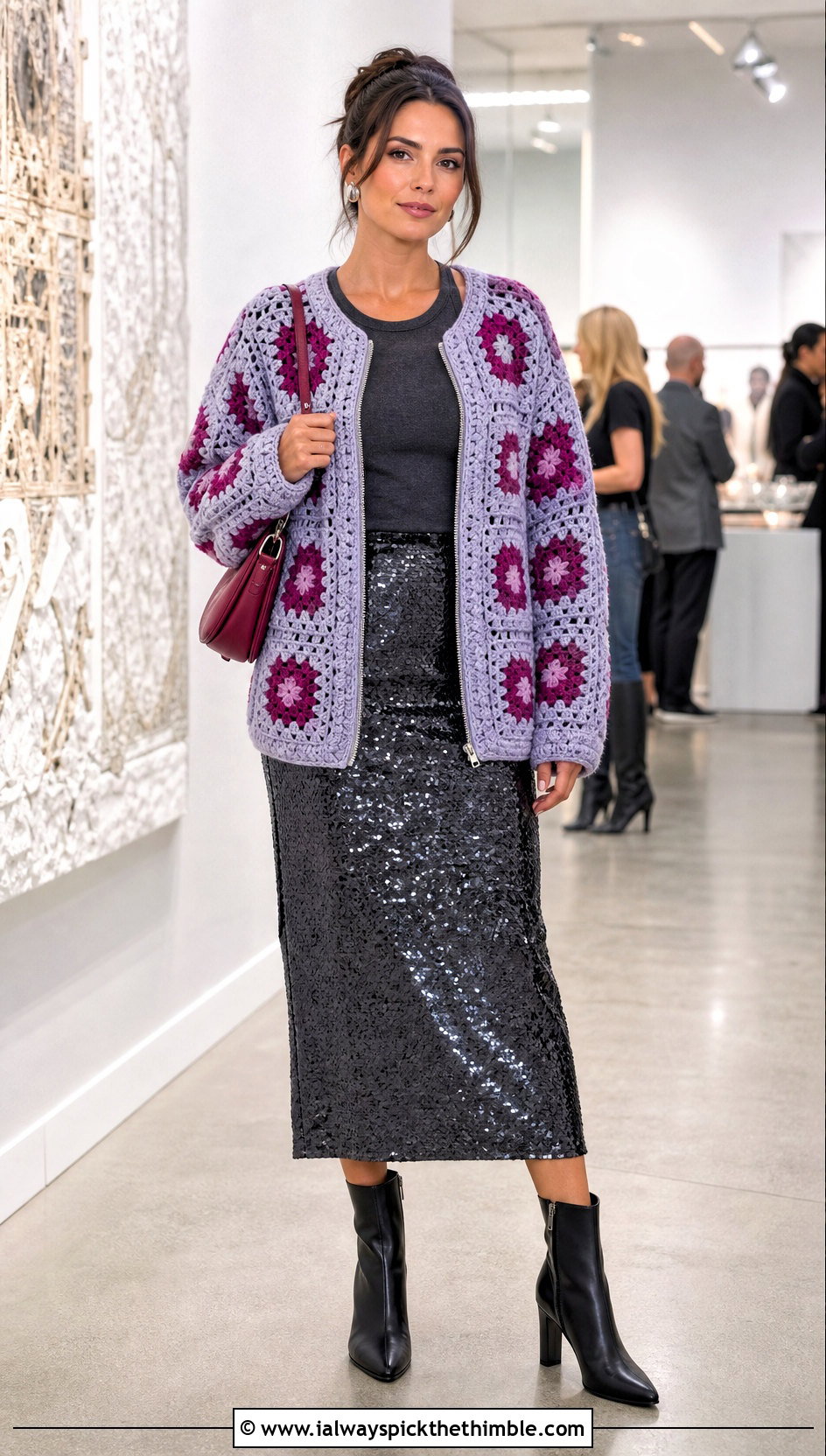 Zip Front Big Granny Square Cardigan With Sequin Midi Skirt - 25 Big Granny Square Cardigan outfit ideas