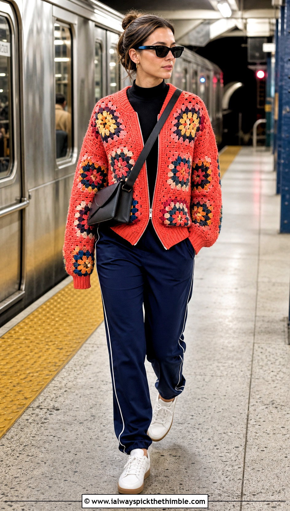 Zip Front Big Granny Square Sweater With Track Pants - 25 big granny square sweater outfit ideas