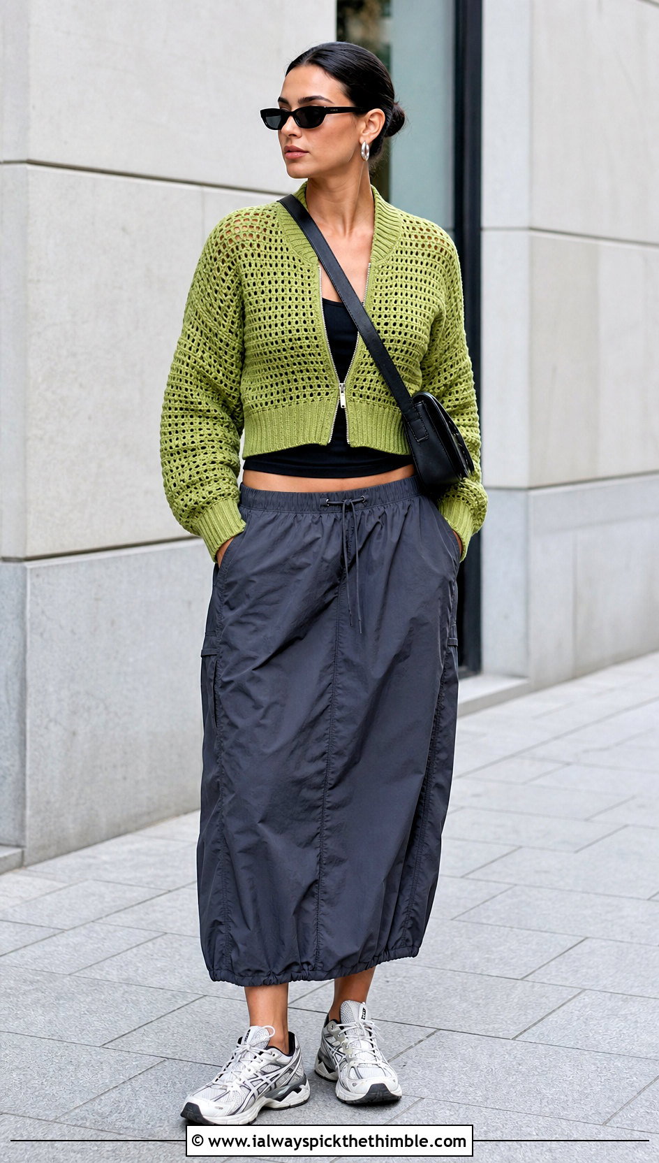 Zip Front Bomber Cropped Cardigan With Parachute Skirt - 20 crocheted cropped cardigan outfit ideas