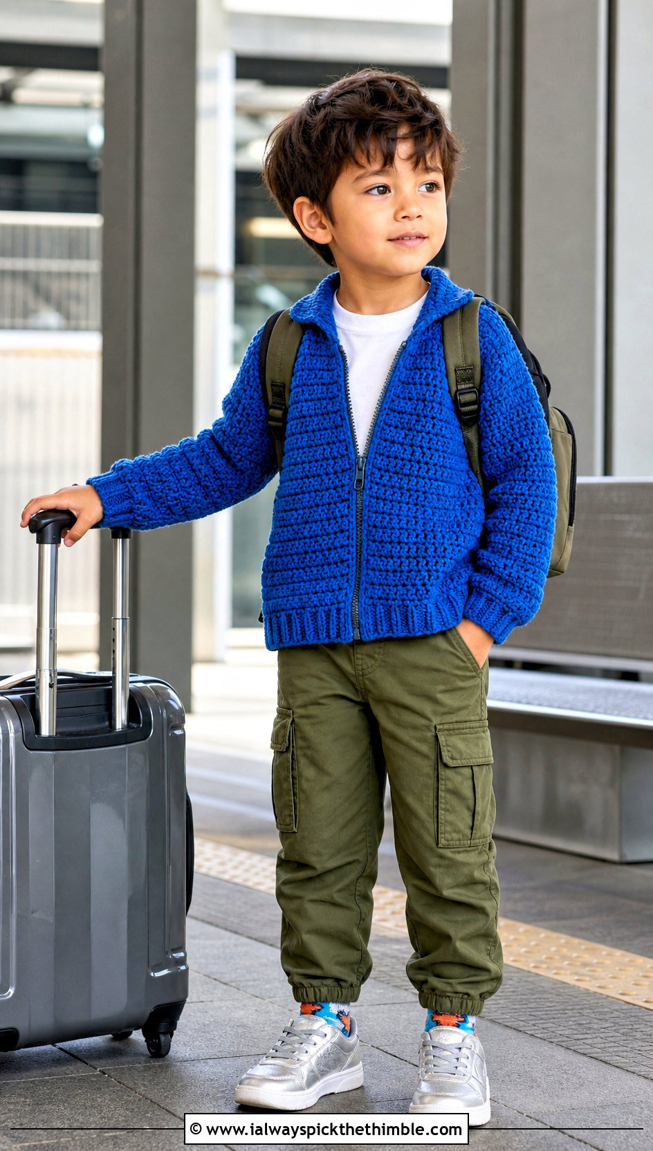 Zip Front Crochet 5T Cardigan With Cargo Pants - 15 crochet 5t sweater outfit ideas