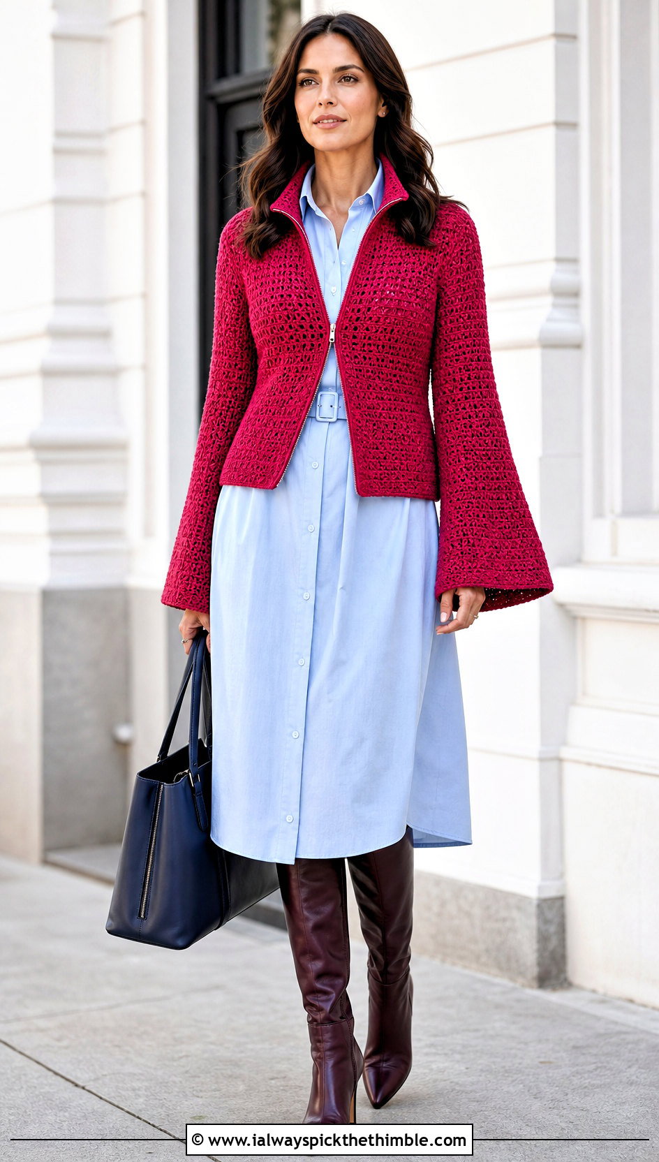 Zip Front Crochet Bell Sleeve Sweater With Shirt Dress - 20 crochet bell sleeve sweater outfit ideas