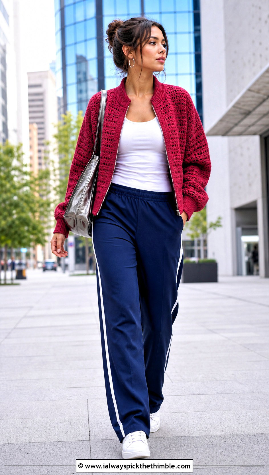 Zip Front Crochet Bomber Cardigan Sweater With Track Pants - 15 Easy Crochet Cardigan Sweater outfit ideas