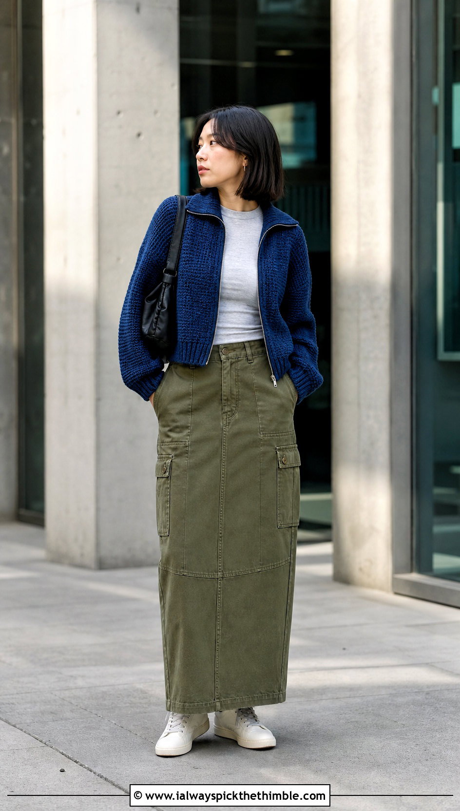 Zip Front Crochet Cardigan With Cargo Maxi Skirt - 20 crochet cardigan design outfit ideas
