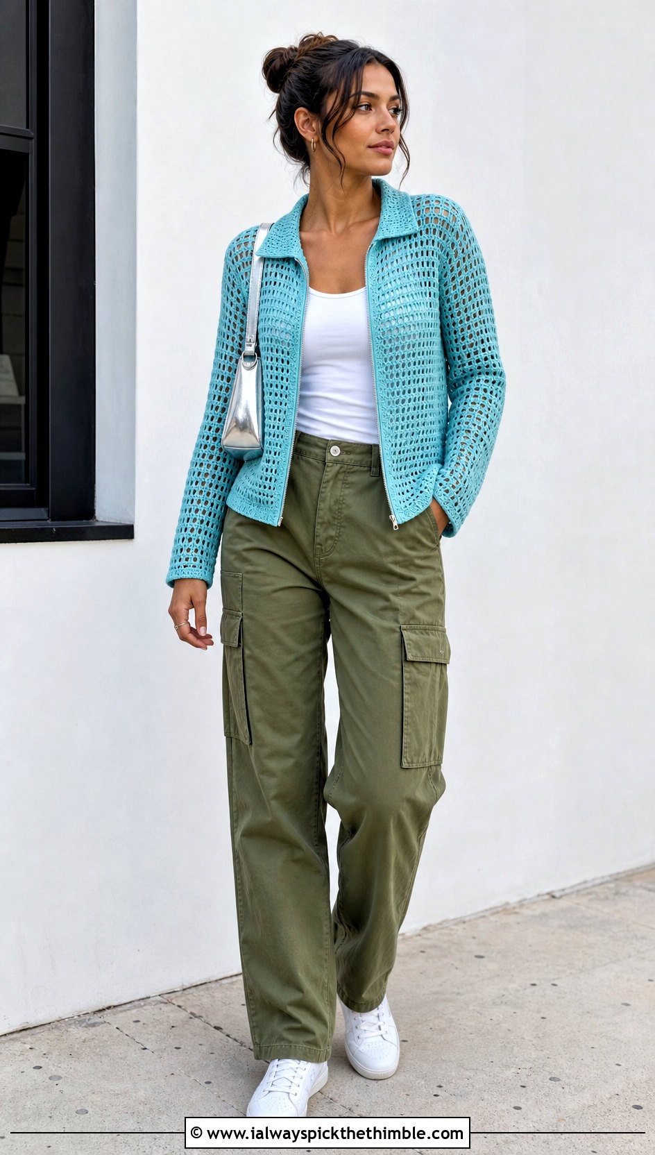 Zip Front Crochet Cardigan With Cargo Pants - 20 crochet valentine sweater outfit ideas
