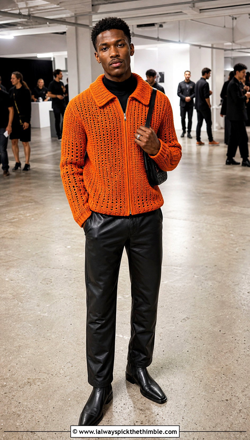 Zip Front Crochet Cardigan With Leather Pants - 20 men's crochet cardigan outfit ideas