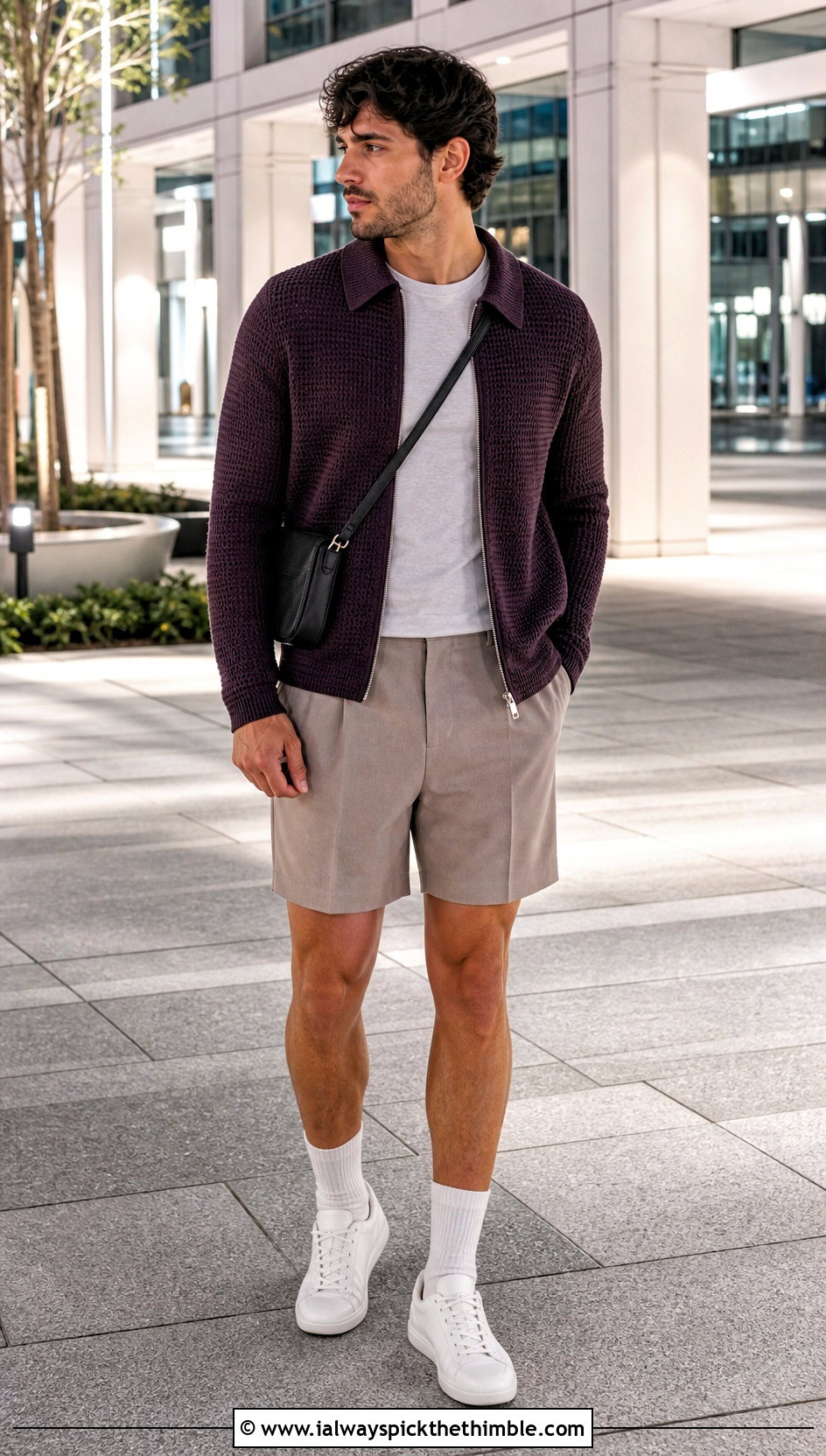 Zip Front Crochet Cardigan With Tailored Shorts - 20 crochet man cardigan outfit ideas