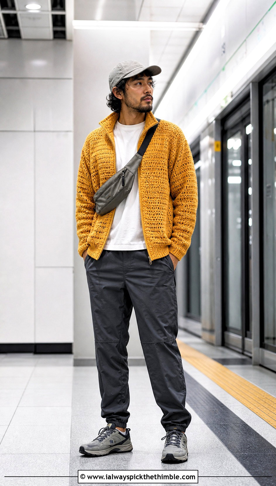 Zip Front Crochet Cardigan With Technical Pants - 25 mens crochet cardigan outfit ideas