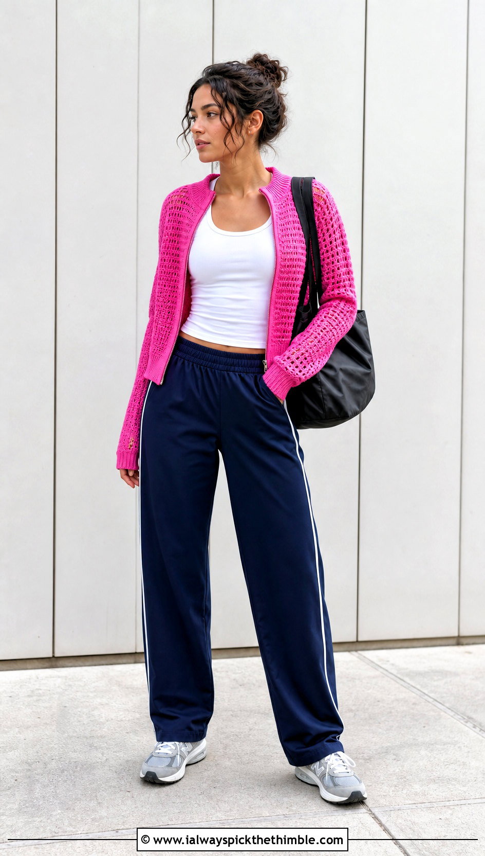 Zip Front Crochet Cardigan With Track Pants - 25 crochet cardigan outfit ideas