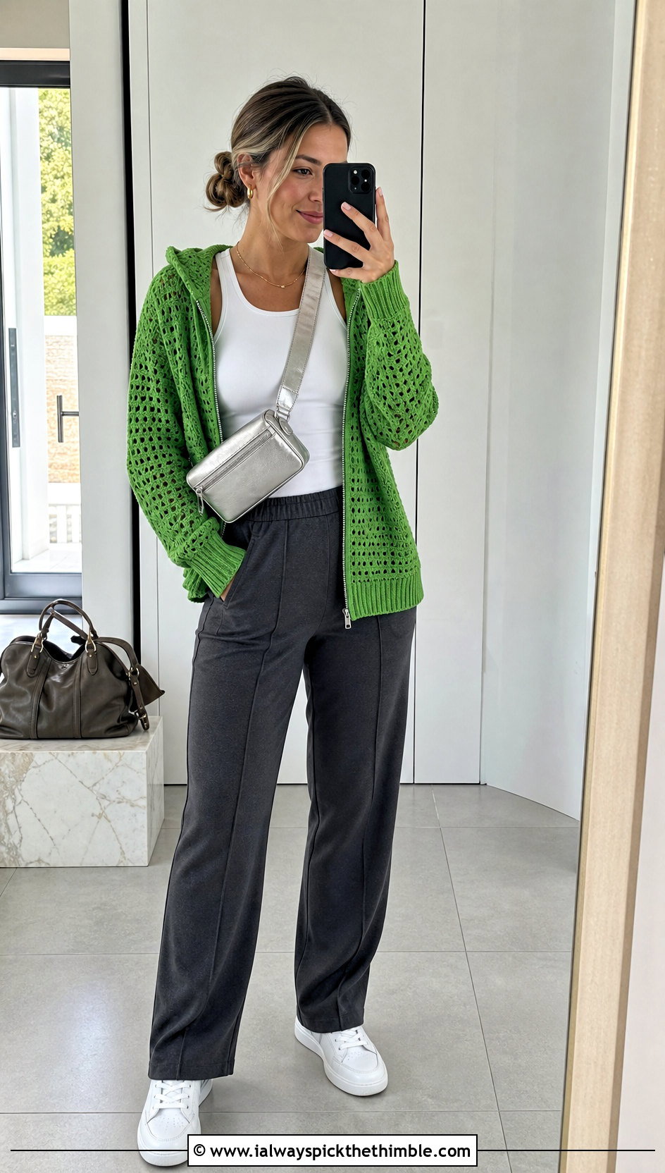 Zip Front Crochet Hooded Cardigan With Track Pants - 25 crochet hooded cardigan outfit ideas