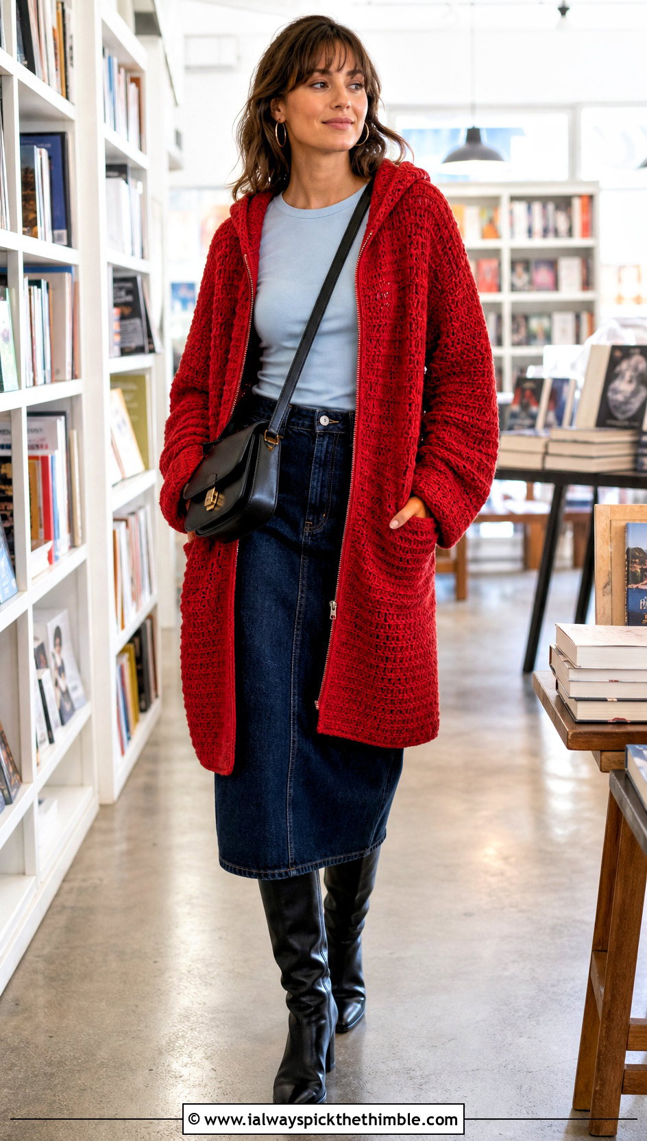 Zip Front Crochet Hoodie Blanket With Denim Skirt - 20 crochet hoodie blanket outfit ideas