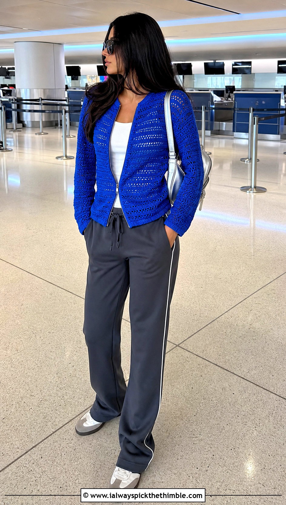 Zip Front Crochet Long Sleeve Cardigan With Track Pants - 20 Crochet Long Sleeve Cardigan outfit ideas