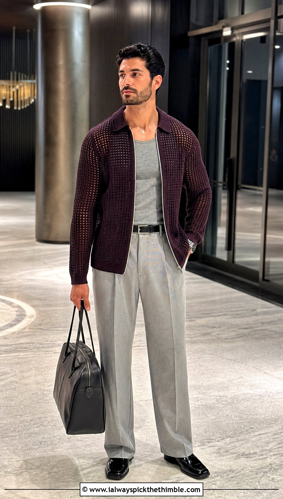 Zip Front Crochet Mesh Shirt With Wool Trousers - 20 Men Crochet Mesh Shirt outfit ideas
