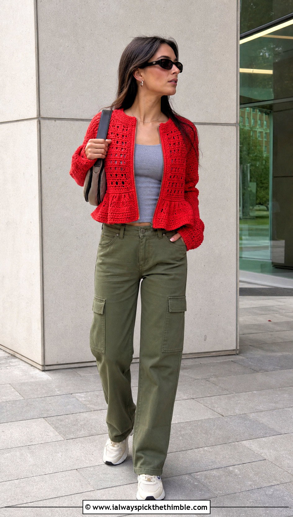 Zip Front Crochet Peplum Jacket With Cargo Pants - 15 crochet peplum jacket outfit ideas