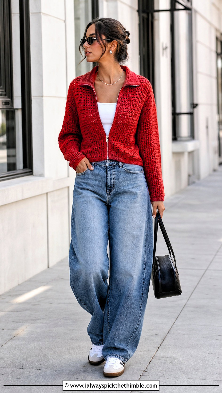 Zip Front Crochet Sweater With Barrel Jeans - 25 cute crochet sweater outfit ideas