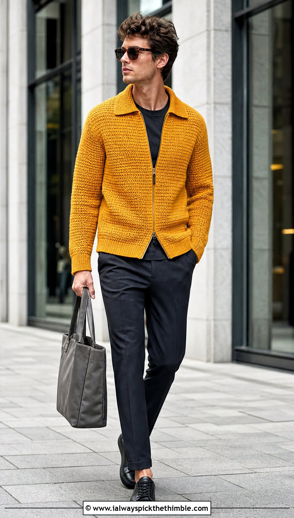 Zip Front Crochet Sweater With Monochrome Basics - 25 crochet mens sweater outfit ideas