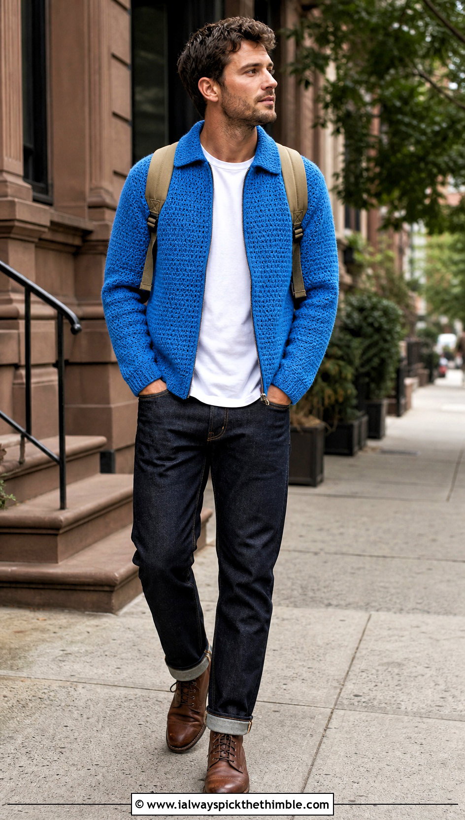 Zip Front Crochet Sweater With Raw Denim - 25 crochet man sweaters outfit ideas
