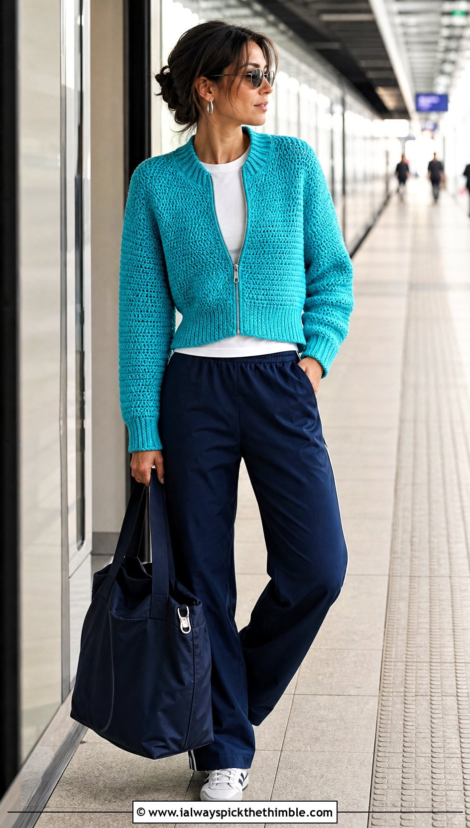 Zip Front Crochet Sweater With Track Pants - 20 cool crochet sweater outfit ideas