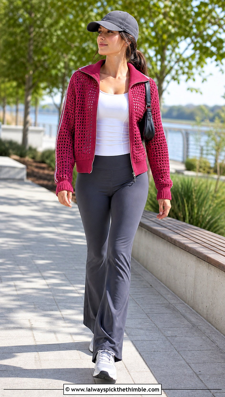 Zip Front Crochet Track Jacket With Flared Leggings - 25 crochet jacket outfit ideas