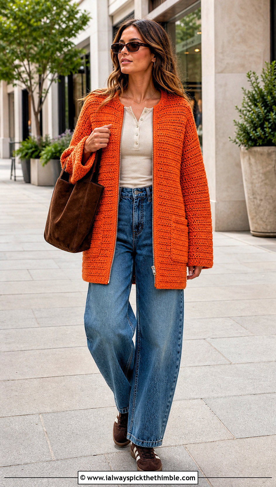 Zip Front Crocheted Sweater Coat With Barrel Jeans - 15 colorful crocheted sweater coat outfit ideas