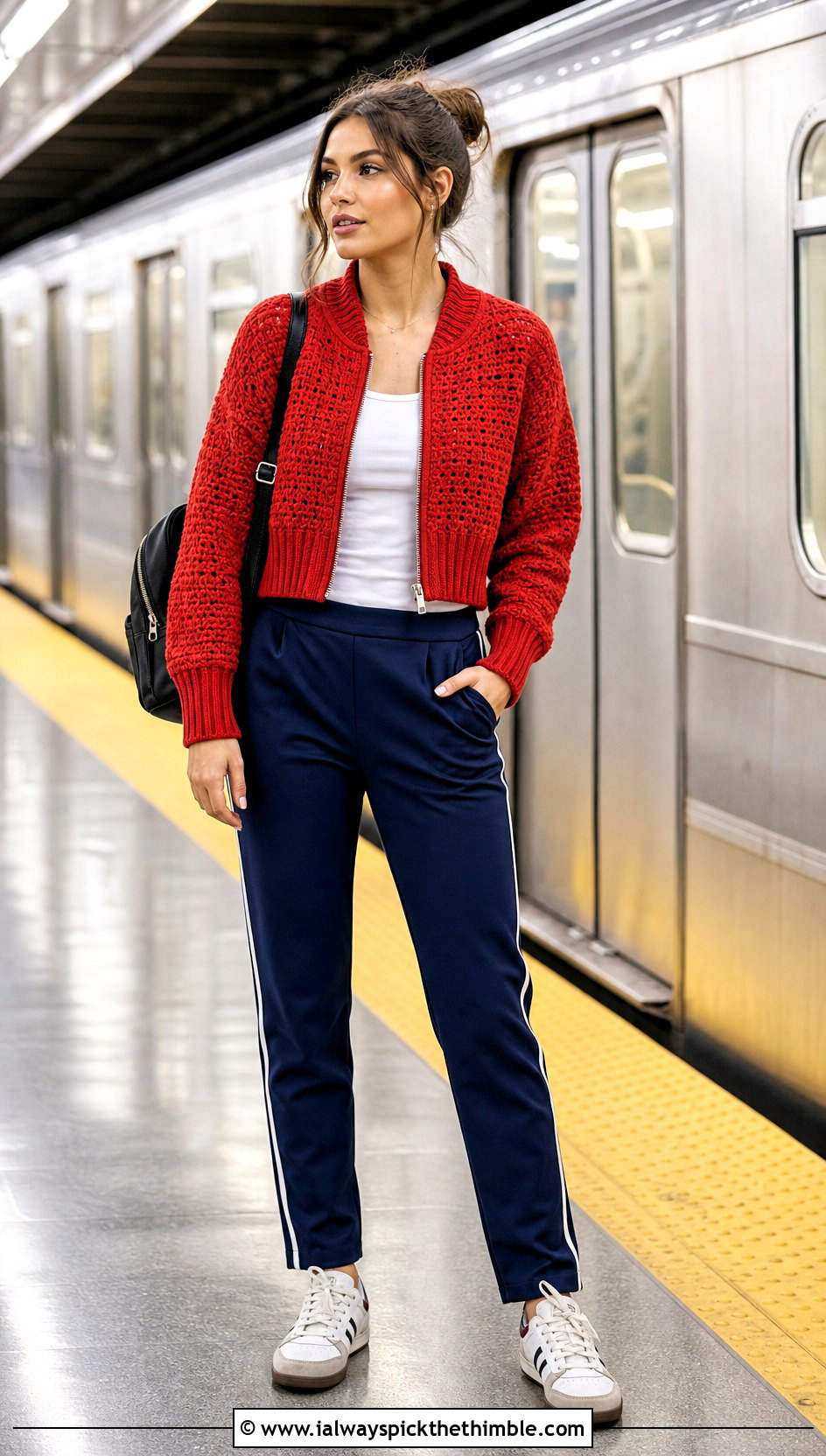 Zip Front Cropped Crochet Bomber Cardigan With Track Pants - 25 cropped crochet cardigan outfit ideas
