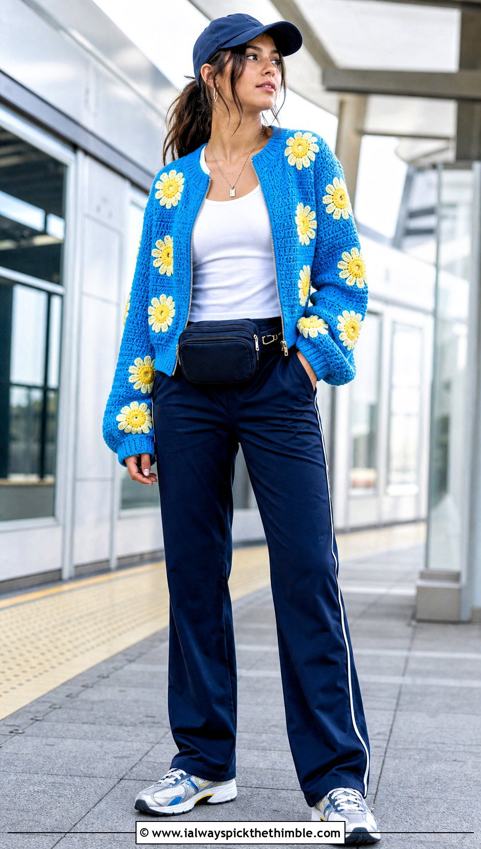 Zip Front Daisy Cardigan With Track Pants - 25 Crochet Daisy Cardigan outfit ideas