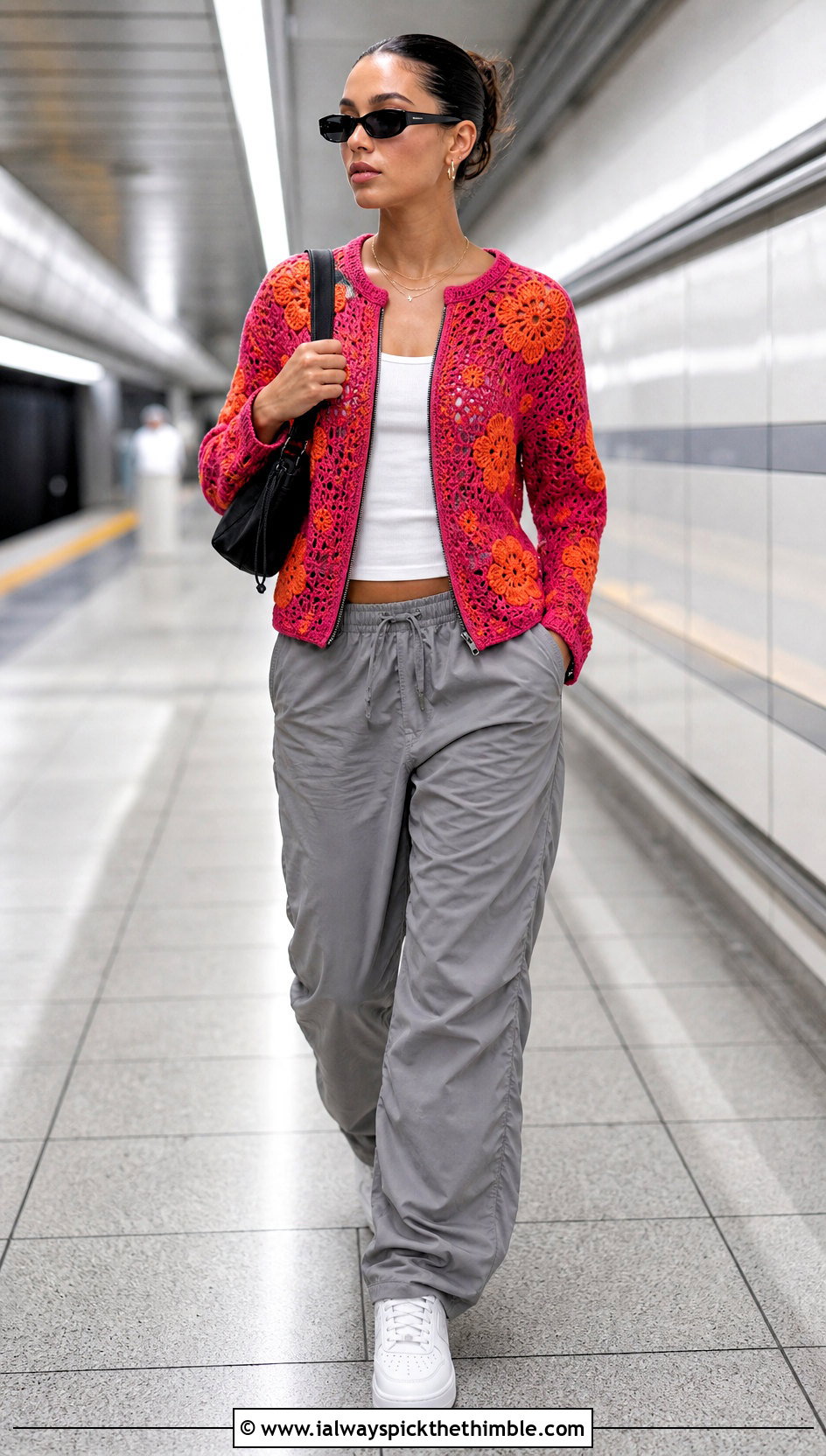 Zip Front Floral Crochet Cardigan With Parachute Pants - 25 crochet sweater with flowers outfit ideas