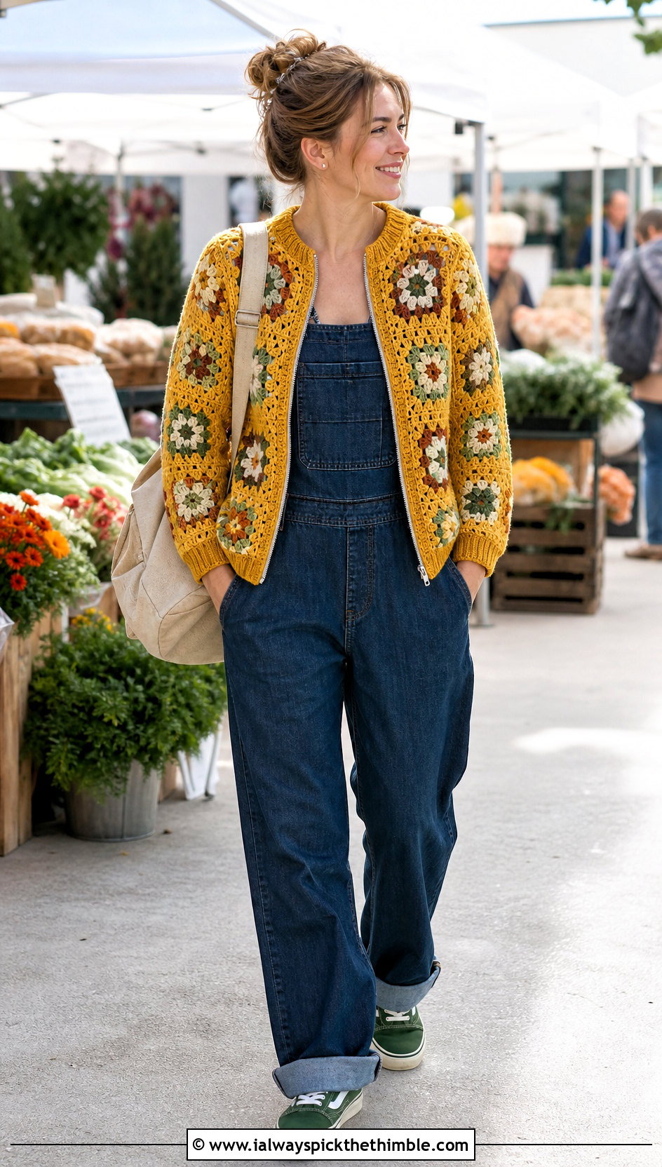 Zip Front Granny Square Cardigan With Denim Overalls - 20 crochet sweater with granny squares outfit ideas