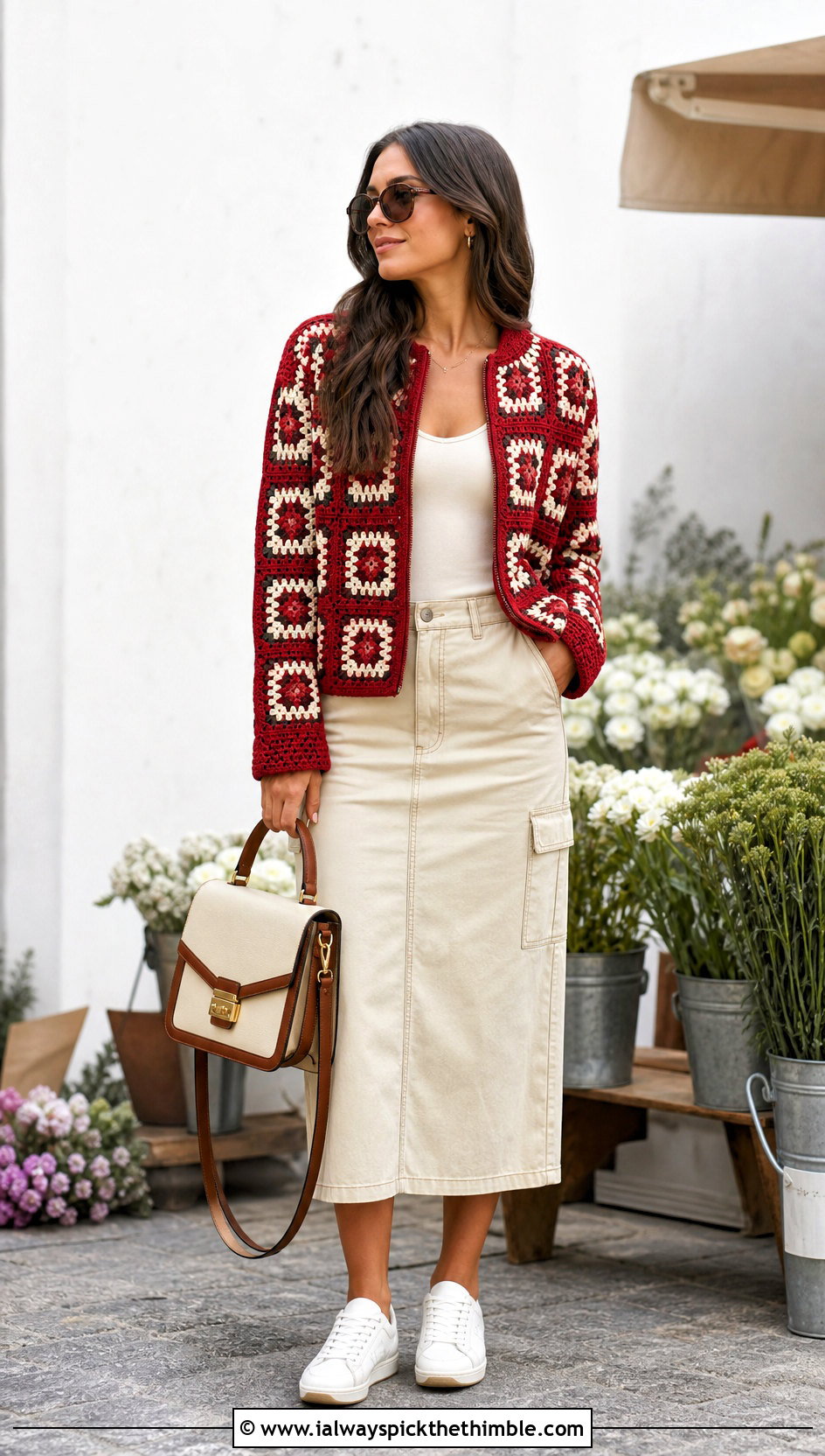Zip Front Granny Square Crochet Jacket With Utility Skirt - 25 granny square crochet sweater outfit ideas