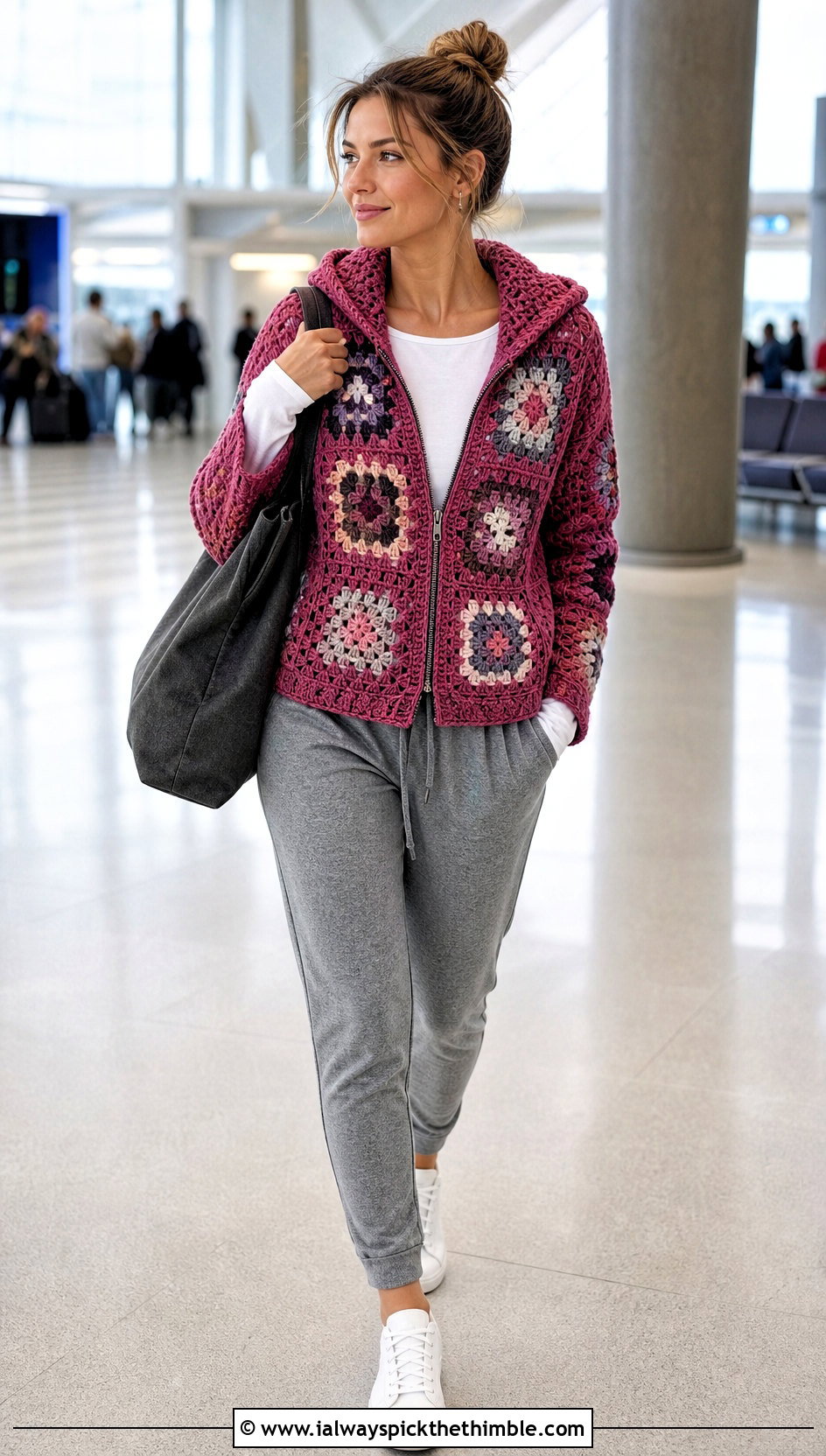 Zip Front Granny Square Hooded Cardigan With Joggers - 20 Granny Square Hooded Cardigan outfit ideas